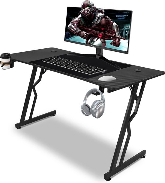 Game Bureau 140x60x75cm - Gaming Bureau met Gaming Muismat ( 72x56cm ) - Gaming desk - Zwart - Computertafel met Koptelefoonhouder, bekerhouder & kabeltunnel - Z-Vormig Gaming Tafel - Ergonomisch