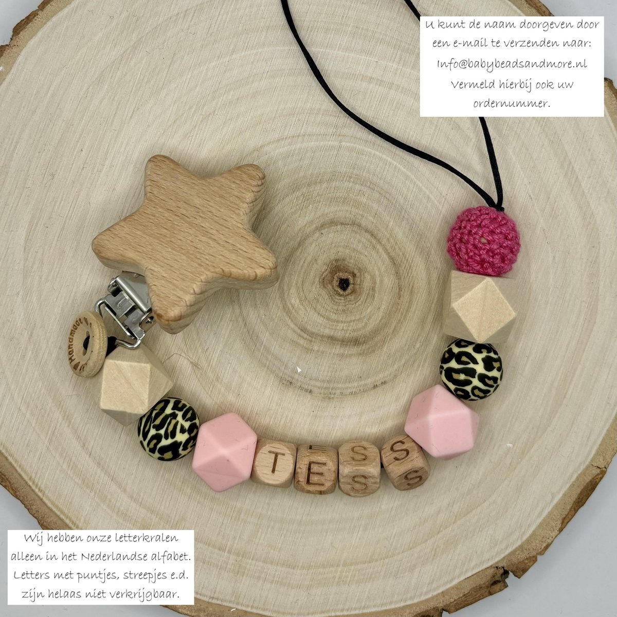 Goedkoopste Babybeads - Speenkoord met naam - Roze met tijgerprint - Gepersonaliseerd kraamcadeau