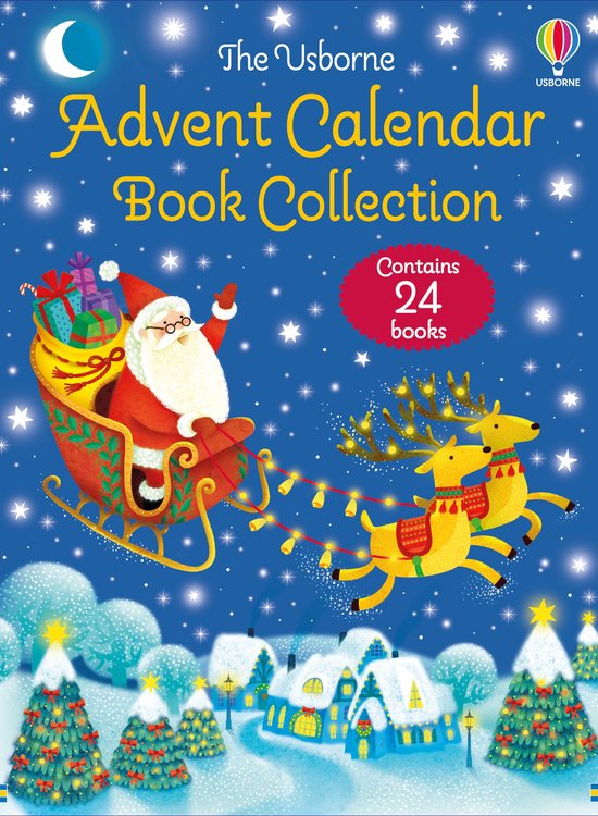 La collection de livres du calendrier de l'Avent Usborne avec le Père Noël dans un traîneau, des rennes et un village d'hiver. Contient 24 livres.