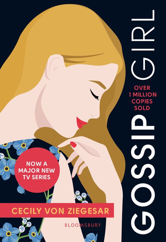 Gossip Girl, met een blonde vrouw in profiel en een bloemenpatroon, 'Nu een grote nieuwe tv-serie'.