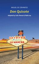 Boekomslag van "Don Quixote" met "Welcome to Fabulous La Mancha Spain" bord op een woestijnlandschap.