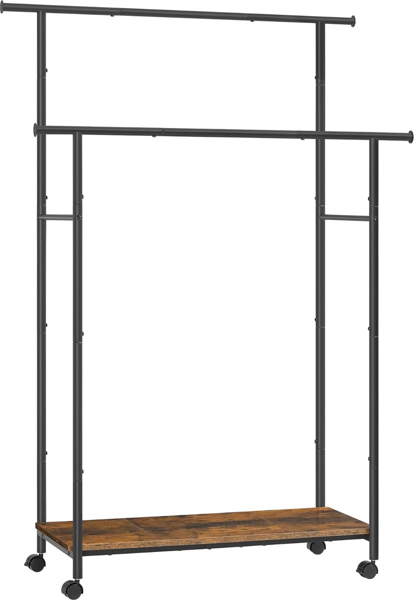 FurnStar - Kapstok - Kapstokken -Kledinghangers - Dubbele Kapstok Met Zwenkwielen En Plank - 39.6 x 98.5 x 156.8 cm - Rustiek Bruin En Inktzwart