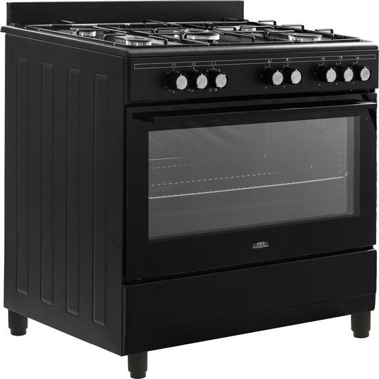 Matzwart gasfornuis met 5 branders, oven en lade.
