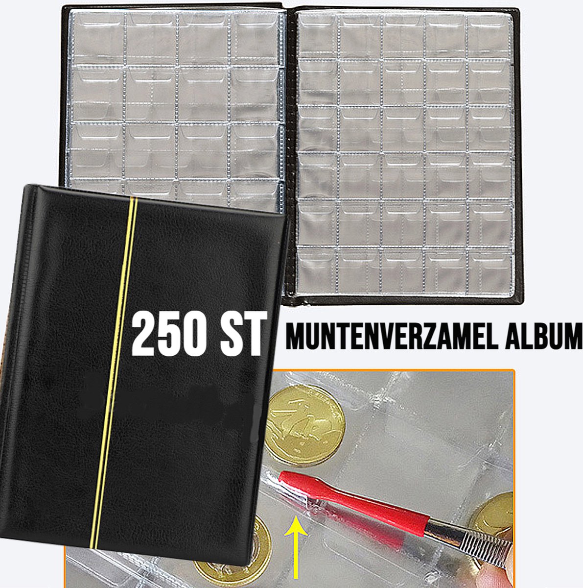 Allernieuwste.nl® Muntenalbum voor 250 Munten met Bescherm-rand tegen Uitvallen - Muntalbum - kleur Zwart