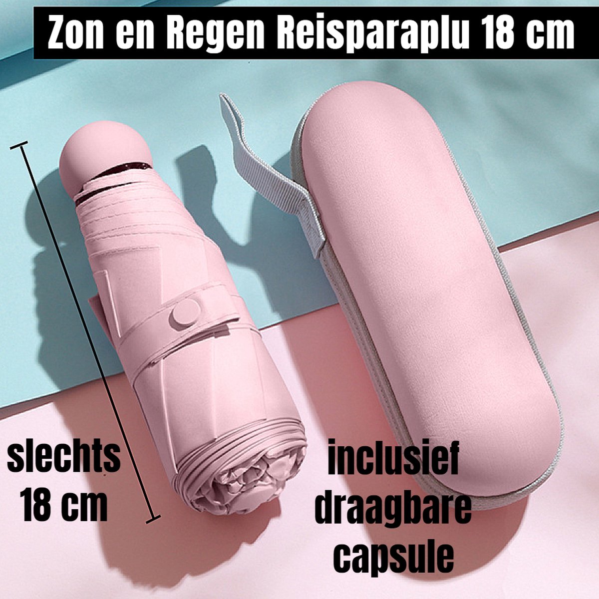 Allernieuwste.nl® Opvouwbare Reisparaplu Waterdicht en Anti-UV - Mini Parapluvoor Zak of Tas - Modische Kleuren - Incl Capsule - parapluie - Kleur Rose