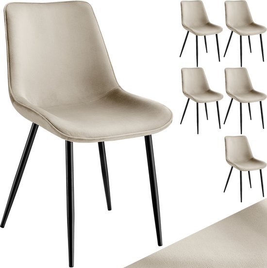 tectake® Eetkamerstoelen Set van 6 | Fluwelen Stoffen Stoel met Rugleuning | Ergonomische Eetkamerstoelen | Comfortabele Keukenstoel, Eetkamerstoel, Cocktailstoel voor Lounge, Eetkamer, Keukentafel - Crème