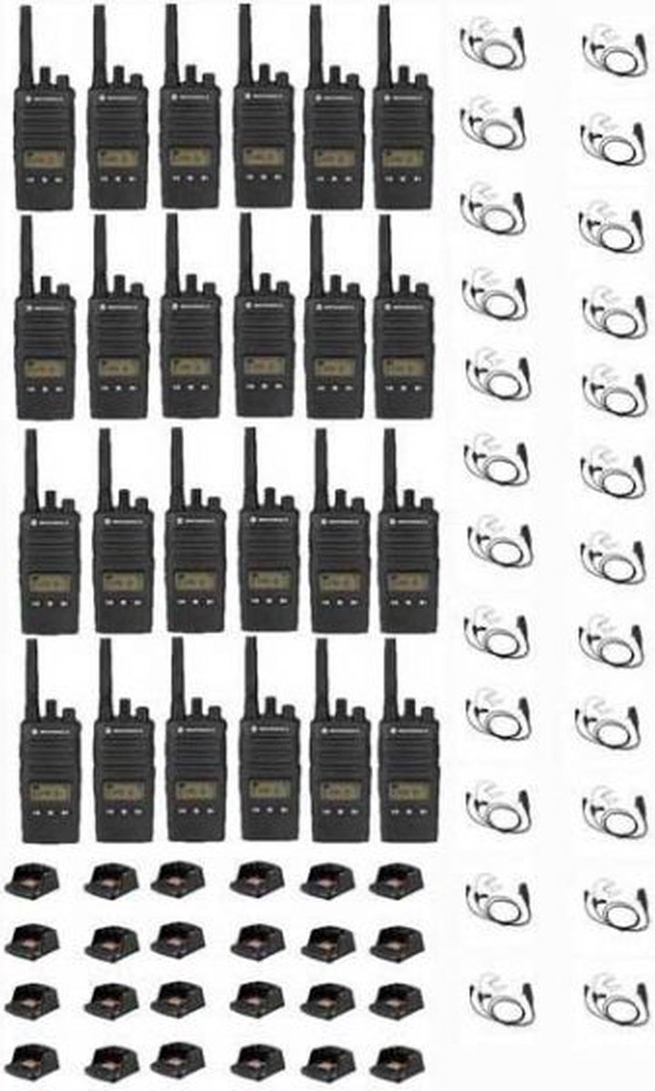 Set van 24 Motorola XT460 IP55 PMR446 met beveiliging oortje M1 2-Pins en tafellader