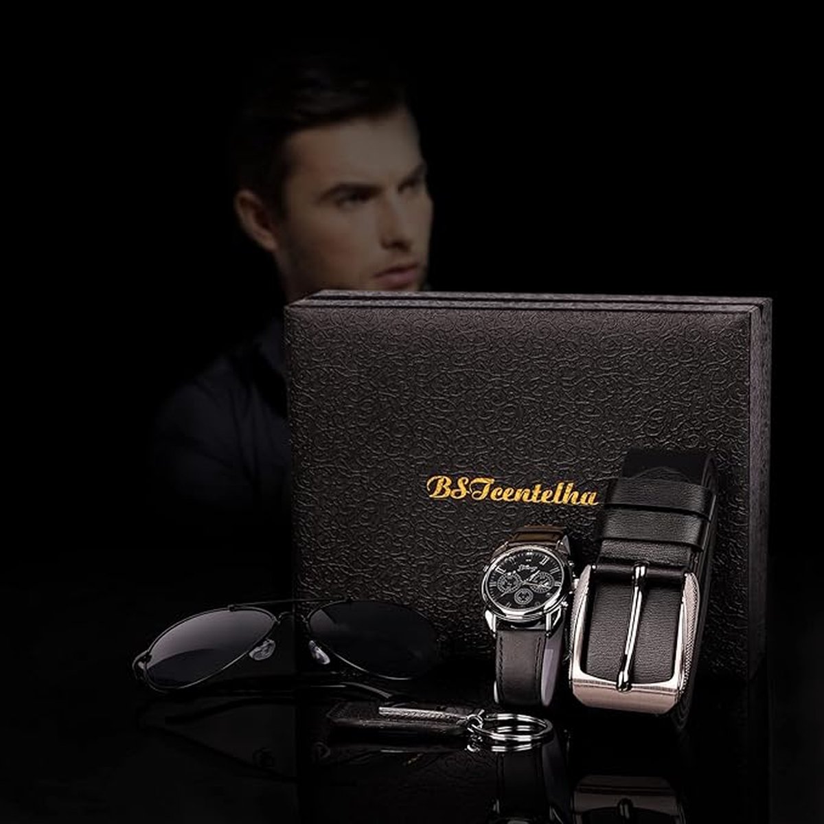 Topzilly Cadeauset mannen premium lederen quartz polshorloge riem sleutelhanger zonnebril portemonnee pen Valentijnsdag, Vaderdag, Kerstmis verjaardagscadeau voor hem, luxe cadeau voor echtgenoot