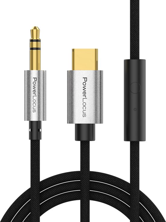Câble Aux PowerLocus 3,5 mm vers USB-C - Câble Audio - Avec Microphone - Convient pour iPhone, iPad, Samsung - Male à Male - Plaqué Or - 1 mètre - Zwart