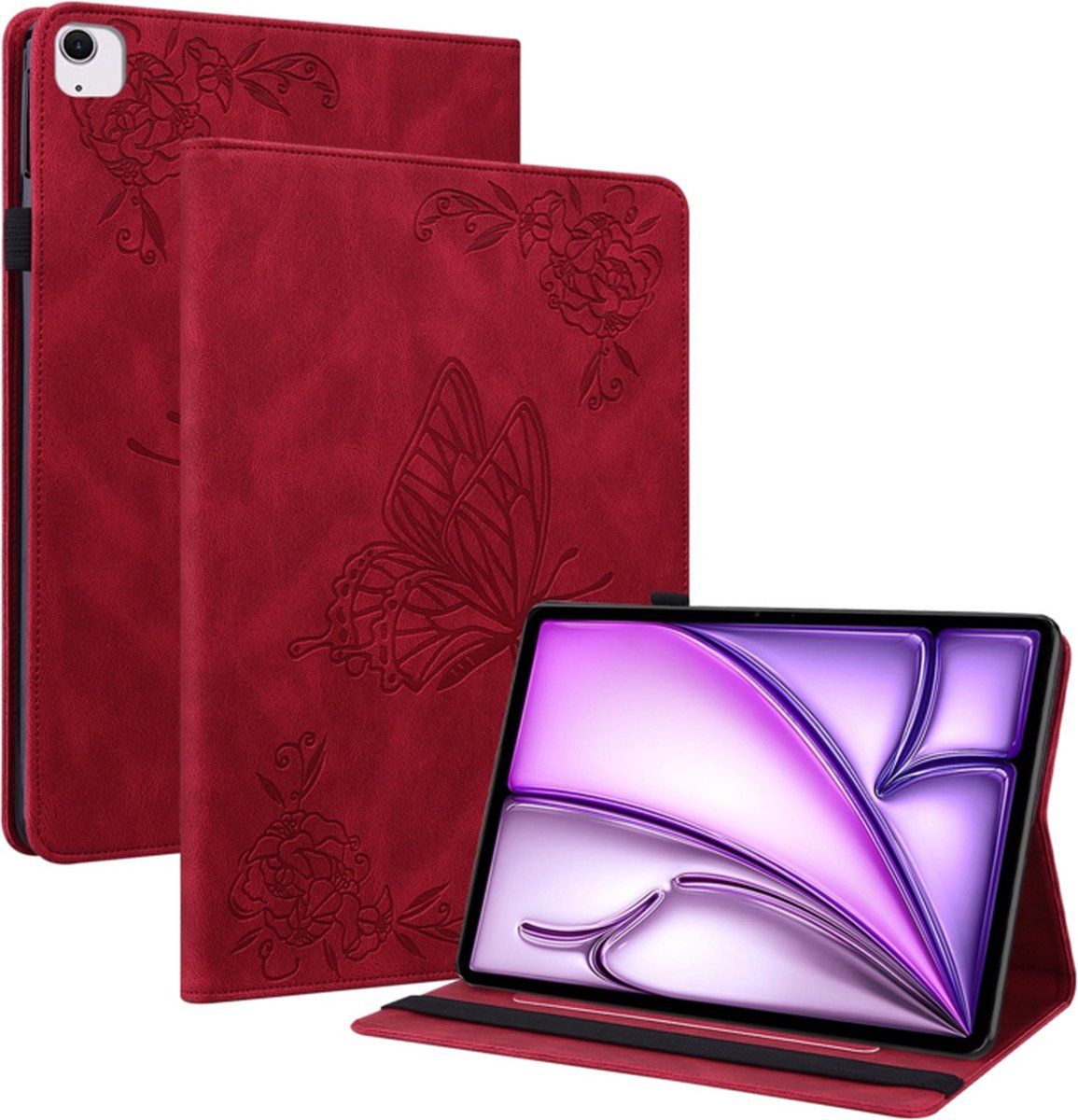 Luxe Bescherm-Etui Map geschikt voor Apple iPad Air 6 11" - 2024 - Rood - Vlinder