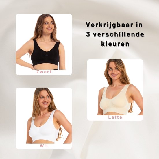 Zwarte, witte en latte naadloze bh's met V-hals.