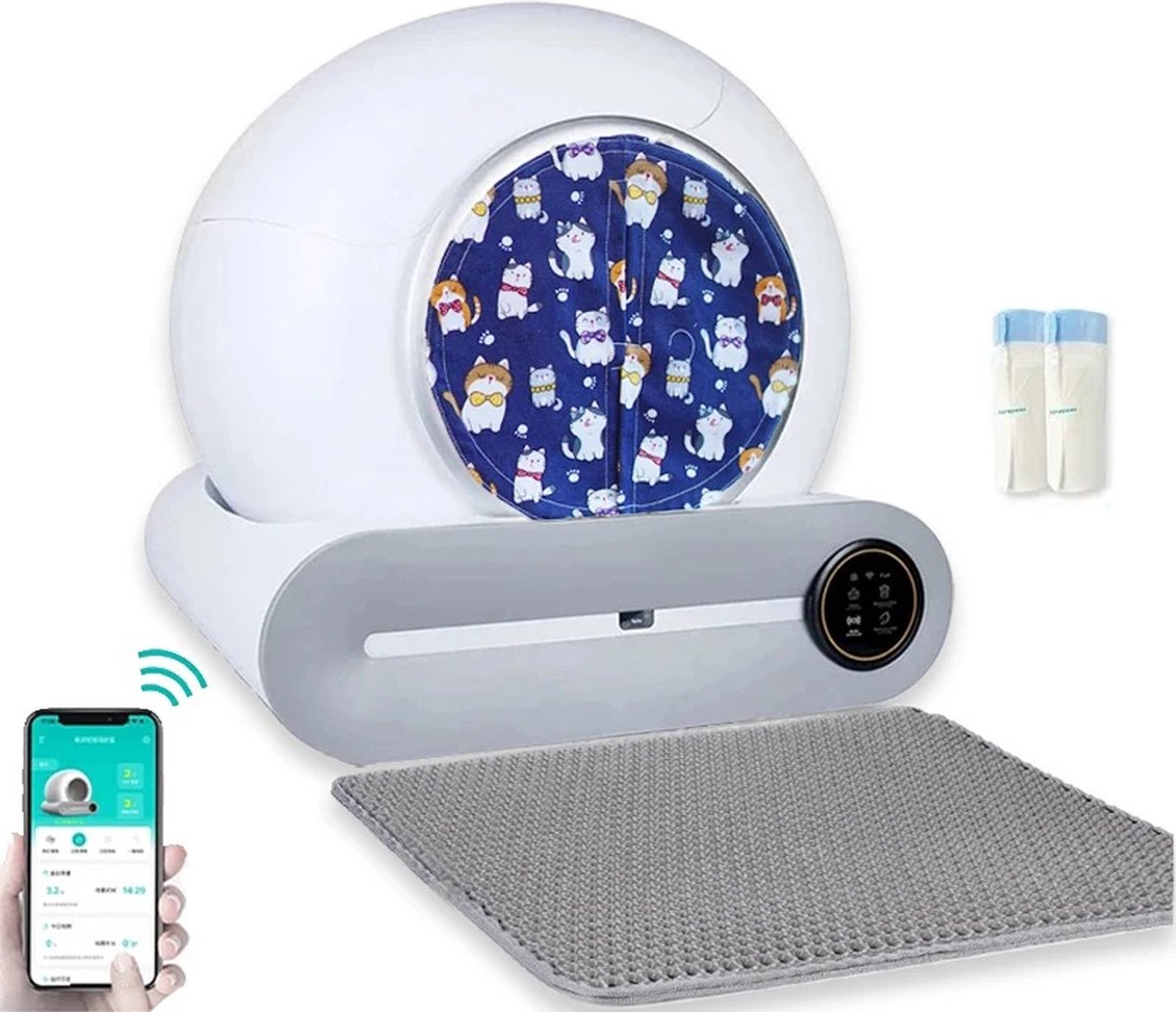 Automatische Kattenbak – Zelfreinigende Kattenbak – Inclusief App – Met kattenbakmat, 2 rollen opvangzakjes en gordijnen – 65L – Wit