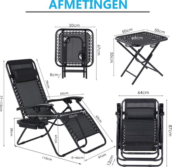 Meisterhome® Opvouwbare tuinstoelen met tafel - set van 2 stuks + bijzettafel - Inclusief Hoofdkussen en bekerhouder - Zonnebed - Tuinstoel - Ligstoel - Campingstoel - Verstelbaar - Tuin - Weerbestendig - Zwart van Meisterhome — afbeelding 5