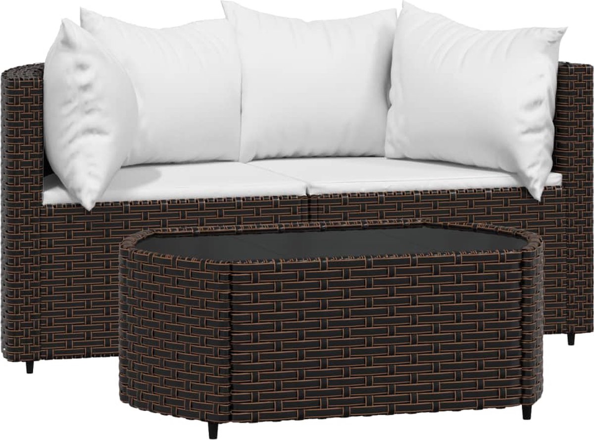 vidaXL 3-delige - Loungeset - met - kussens - poly - rattan - bruin