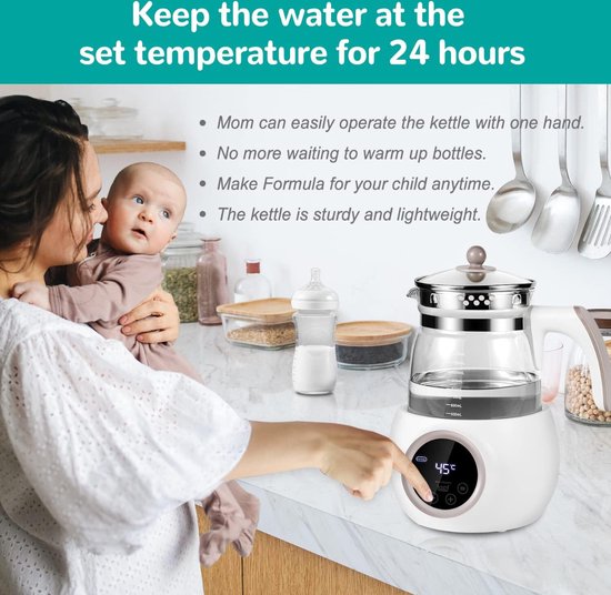 Flessenwarmer - babywaterkoker met temperatuurinstelling, 24 uur, thermostaat, flessenmaker, babyvoedingswarmer voor babyvoeding, thee, koffie 1,2 l waterkoker voor babyvoeding, wit — afbeelding 3