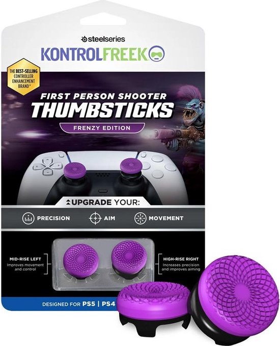 Foto: Kontrolfreek fps freek frenzy voor playstation 5 ps5 en playstation 4 ps4 performance thumbsticks 1 high rise 1 mid rise purple black