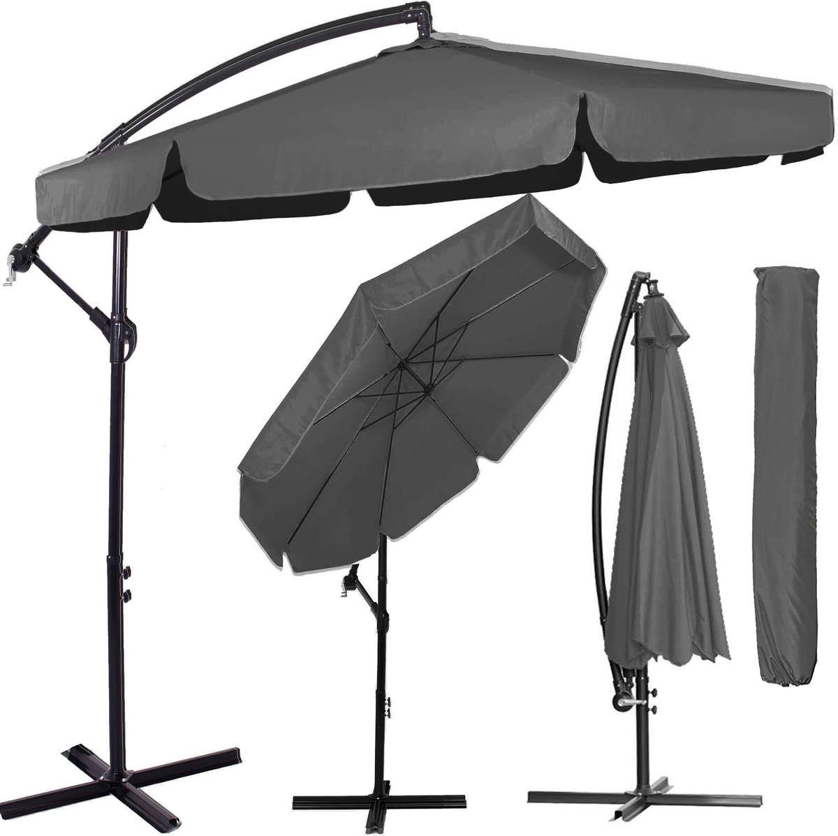Bol.com Springos Zweefparasol - Parasols - Kantelbaar - Met Beschermhoes - Antraciet - Ø300 CM aanbieding