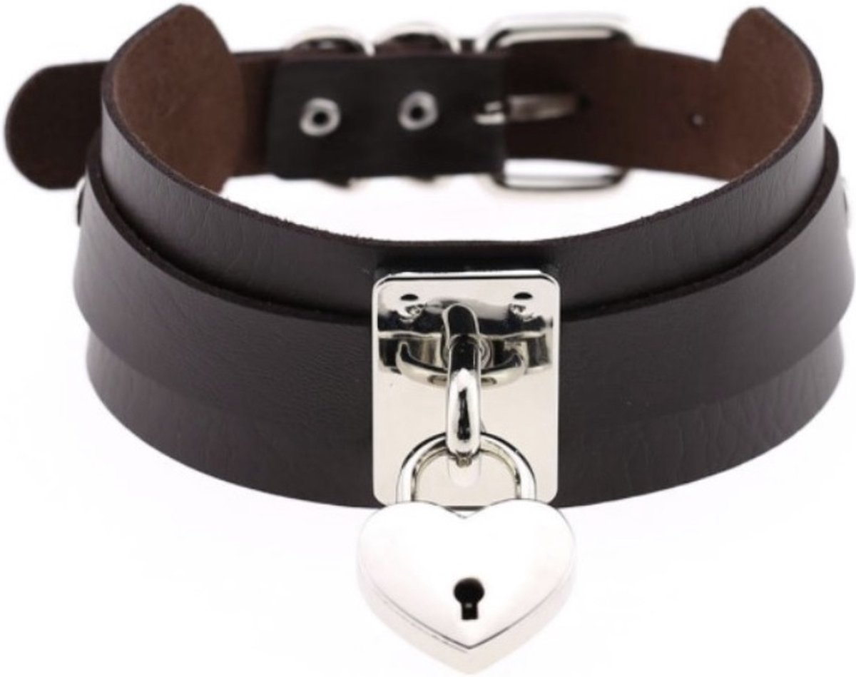 Goedkoopste Zwart leren choker met slotje sleutel (hartvorm) - ketting - verstelbaar - One Size fits all - PU - nekketting - kinky