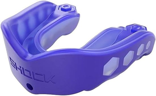Paarse Shock Doctor Gel Max mondbeschermer met hexagonale openingen.