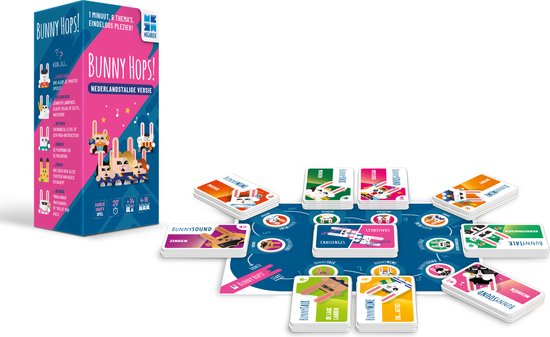 Een spel met kaarten, speelbord, en fiches voor het spel Bunny Hops! Nederlandstalige Versie.