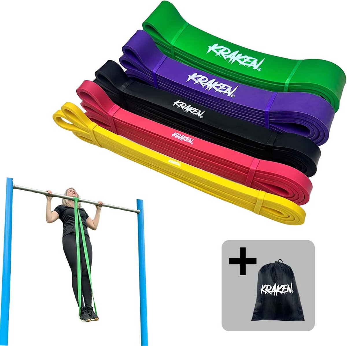 KRAKEN Power Bands Set - 5 Weerstandsbanden 100% Premium Latex 208 cm - 5 mm Dik - Weerstand tot 57 kg - Pull Up en Chin Up Leren - Dips en Push Up Assistentie - Calisthenics, Crossfit en Mobility - Full Body Workout Thuis en Gym - inclusief Draagtas