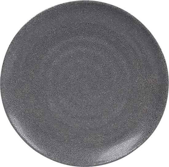 Een grijze, ronde dinerbord met een gespikkeld, steenachtig uiterlijk.