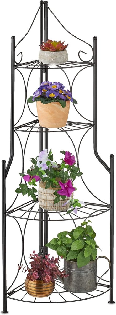 Metalen bloemen trap plantenrek hoek met 4 etages hoog H x B x D: 106 x 31 x 31 cm metaal bloemenrek voor binnen zwart