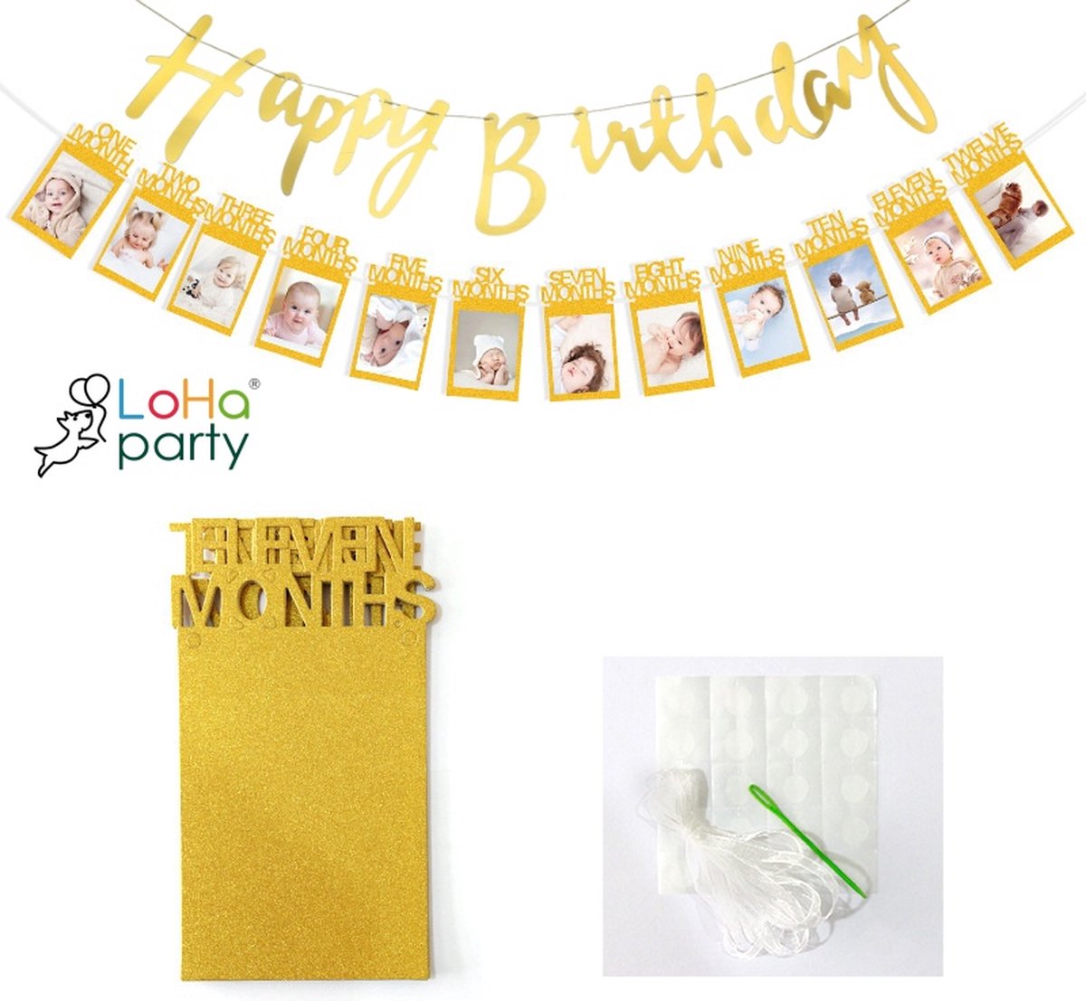 Loha-party® Eerste verjaardag foto slingeren Happy Birthday Banner Set-Baby Mijlpaal Slinger-glitter-Fotobanner-Eerste Verjaardag-Kraftpapier Frame -Verjaardagsfeest-feestartikelen-versiering-Goud