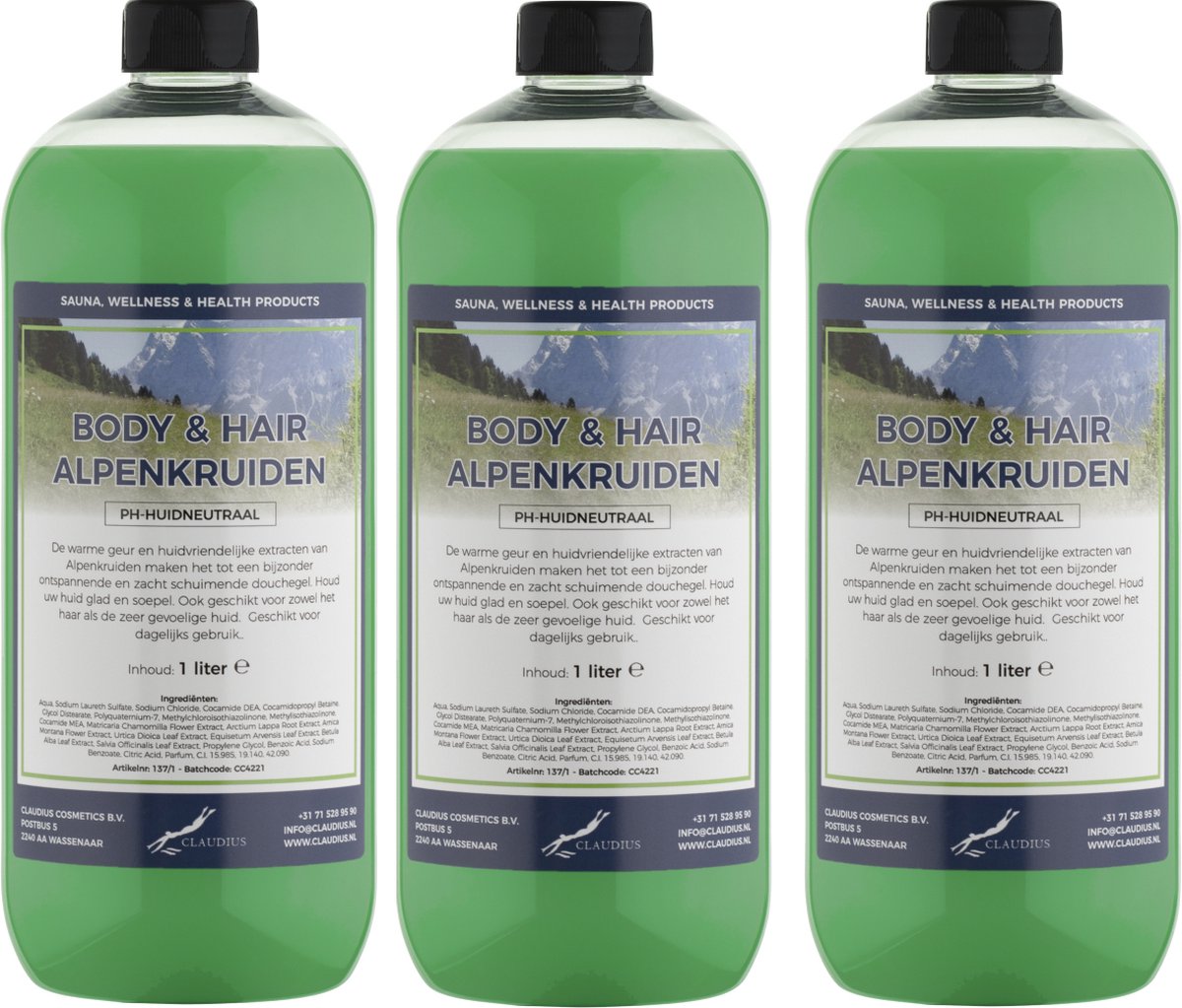 Goedkoopste Body & Hair Alpenkruiden 1 liter - set van 3 stuks - 2 in 1 voor lichaam en haar.