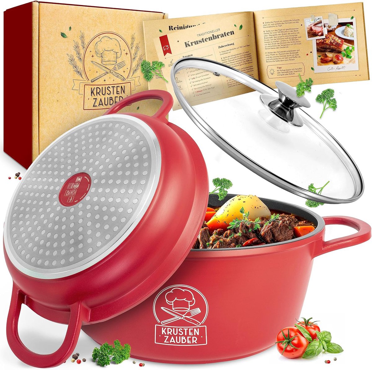 KRUSTENAUBER 28cm gegoten aluminium braadpan met deksel geschikt voor oven [incl. Glazen deksel] - 6L aluminium braadpan en braadpan - Ideale inductiebrander sauteerpan braadpan gietijzeren braadpan braadpan