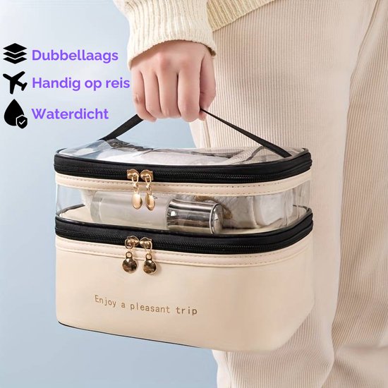 Trousse de toilette double couche Sapono - Trousse de Maquillage - Trousse de voyage - Trousse de toilette de Luxe - Wit