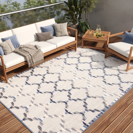Tapis de Patio Tapiso Pour Terrasse Intérieure Et Extérieure Grijs Blauw Moderne Treillis Effet 3D Sisal Pratique Tapis Durable De Haute Qualité Taille - 200 x 300 cm