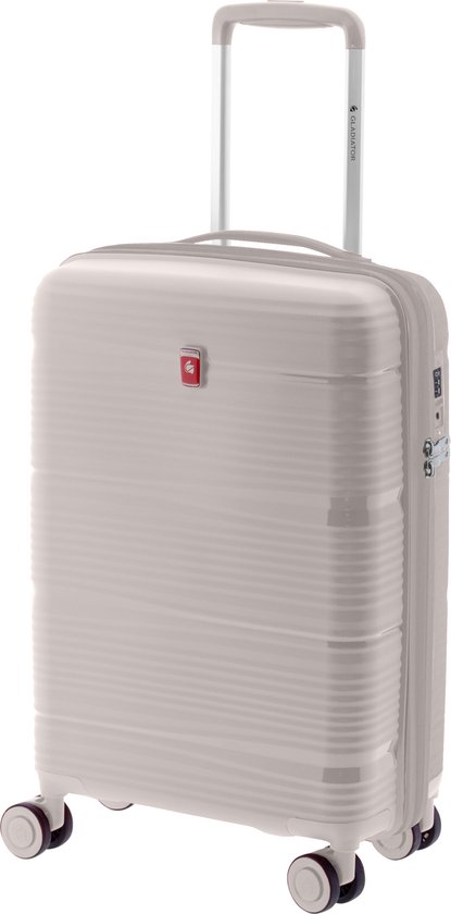 Beige koffer met horizontale ribbels, uitschuifbaar handvat en vier wieltjes.