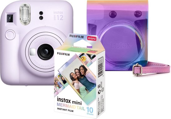 Foto: Fujifilm instax mini 12 bundel instant camera 1 x 10 stuks film mermaid tail beschermhoes iridescent lilac purple