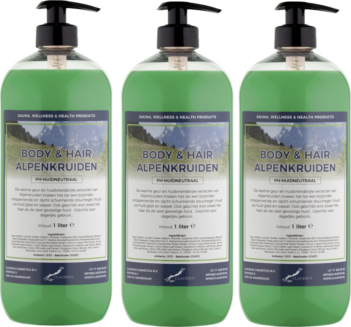 Goedkoopste Body & Hair Alpenkruiden 1 liter - set van 3 stuks - met gratis pomp - 2 in 1 voor lichaam en haar.