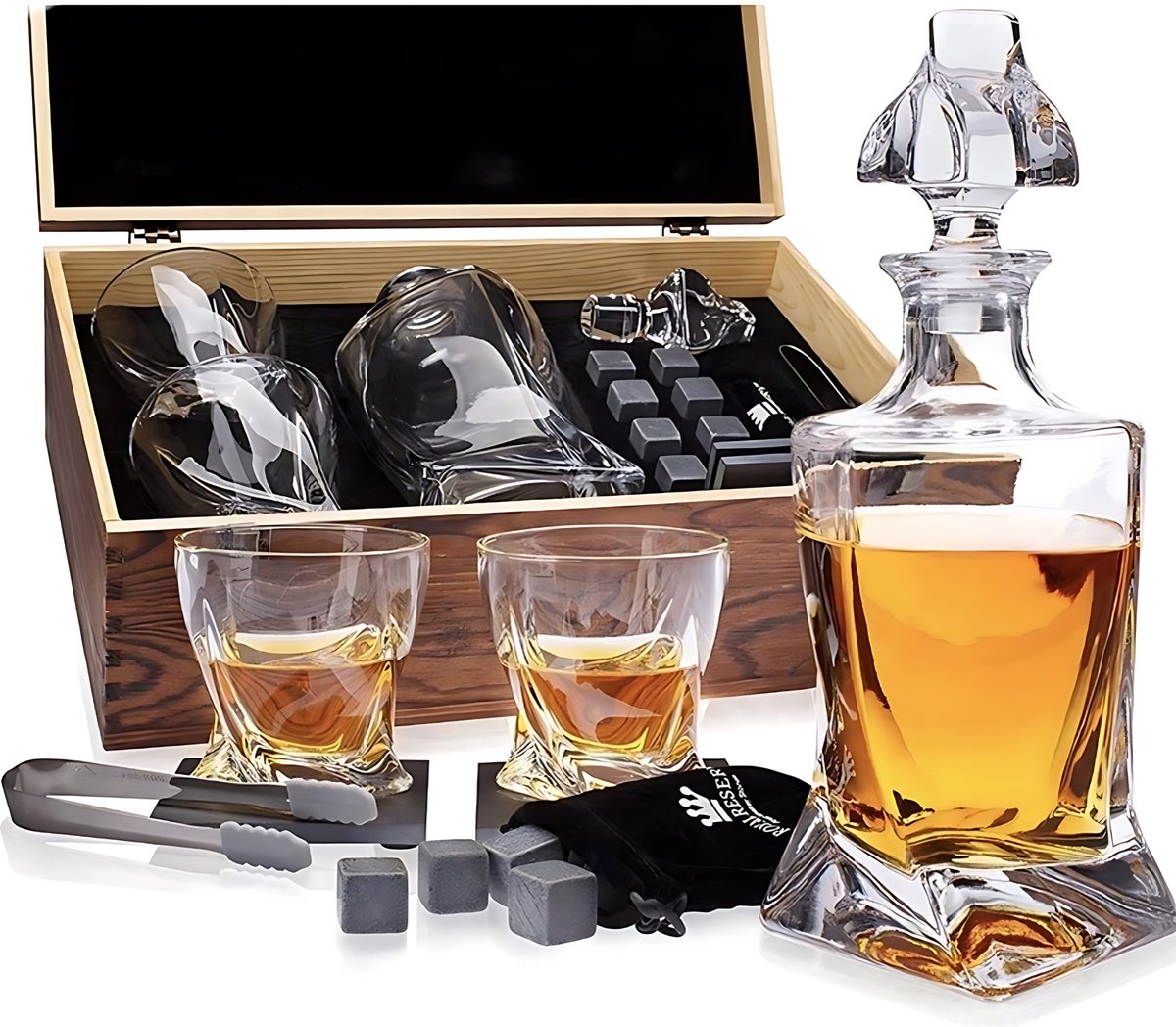 Limited Edition Whiskey Karaf Set - 2 Whiskey Glazen Set - 8 Whiskey Stones - 2 Stenen Onderzetters - Luxe Whisky Cadeauset - Decanteer Karaf Set