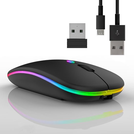 StayPowered Draadloze Muis - Draadloos Gemak en Stijlvol Design - Dual Mode Bluetooth 5.1 + 2.4 GHz - 7 Kleuren RGB Verlichting - Stil en Ergonomisch - 3 DPI Niveaus - Lange Batterijduur - Zwart - Levering Sneller dan Aangegeven!