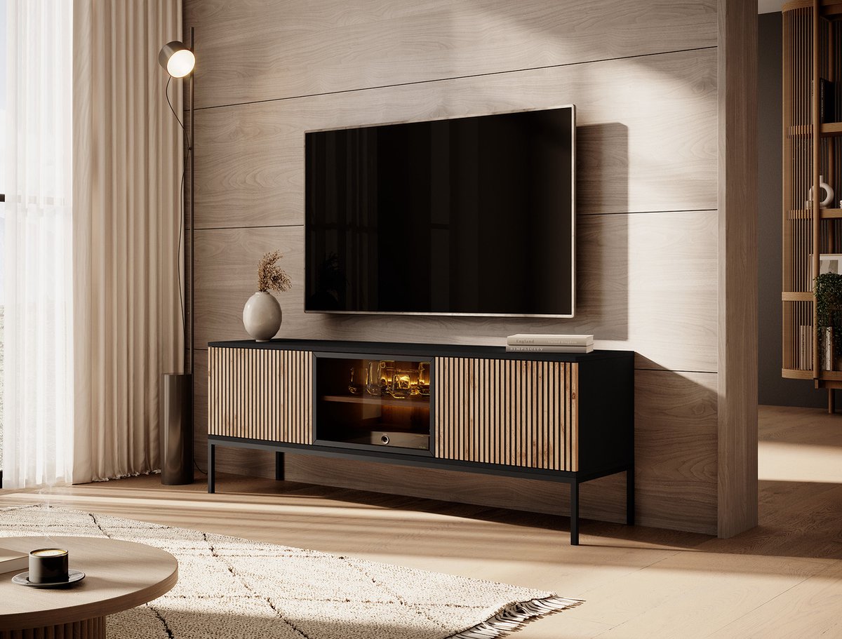 MEUBELLA TV-Meubel Legend - Mat zwart - Eiken - 154 cm