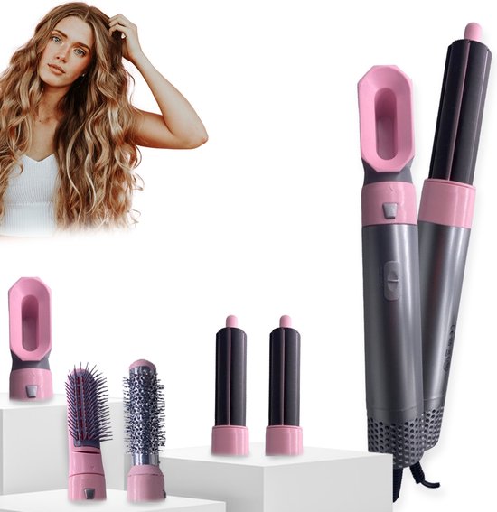 Blossombel Kit de brosses – Sèche- Cheveux 5 en 1 – Air Brush Styler – Sèche Styler Cheveux ultime – Rose/ Grijs