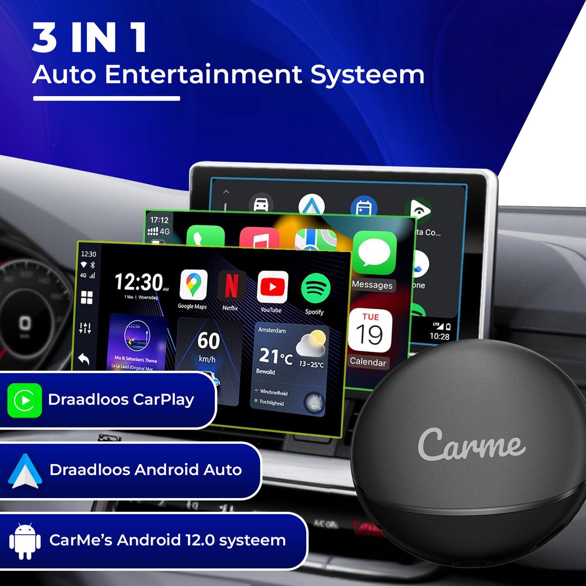 CarMe CarPlay AI Box - Draadloze Android Auto & CarPlay Adapter - YouTube, Netflix, Bluetooth, GPS, Snelle 8-core processor - Afbeelding 2