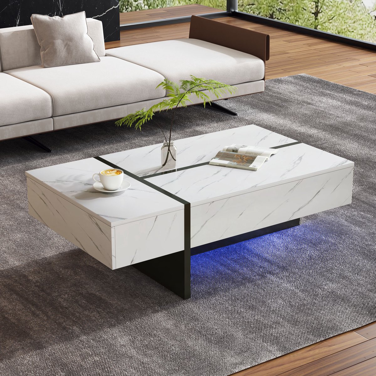 Sweiko Salontafel - LED-verlichting - Marmerlook - 3 lades - 105 x 60 x 35 cm - Wit + Zwart