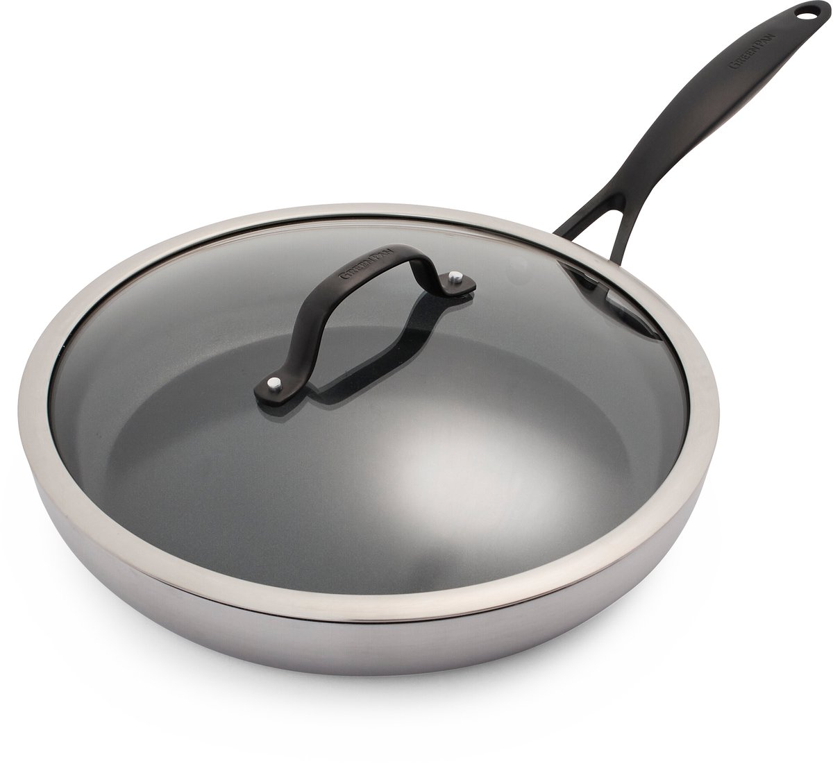 GreenPan Venice Pro Noir RVS Hapjespan met deksel Ø30cm - 4.7L - PFAS-vrij – Inductie – Ovenbestendig tot 200°C – Vaatwasserbestendig – Tri-ply – RVS grepen - Zilver/Zwart