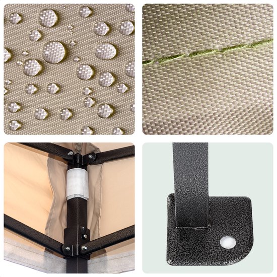 Collage: Waterdruppels op beige stof, stiksels, klittenbandsluiting op het frame en een voet van de partytent.