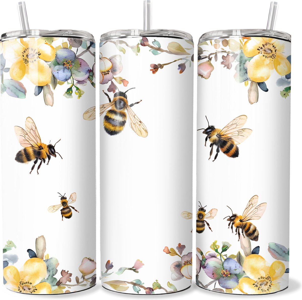KadoDash - Bijen Bees Bloemen Tumbler - Drinkbeker - Rietjesbeker - Isolatiebeker - Waterdichte beker - Tumbler - Bijen