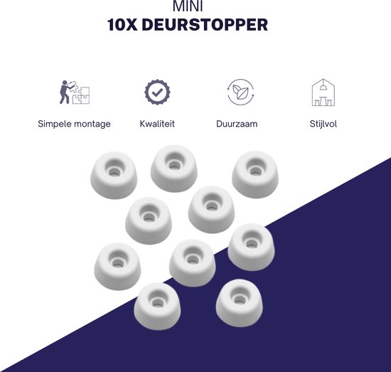 Mini 10x deurstoppers, witte rubberen doppen, 20x12mm. Iconen: simpele montage, kwaliteit, duurzaam, stijlvol.