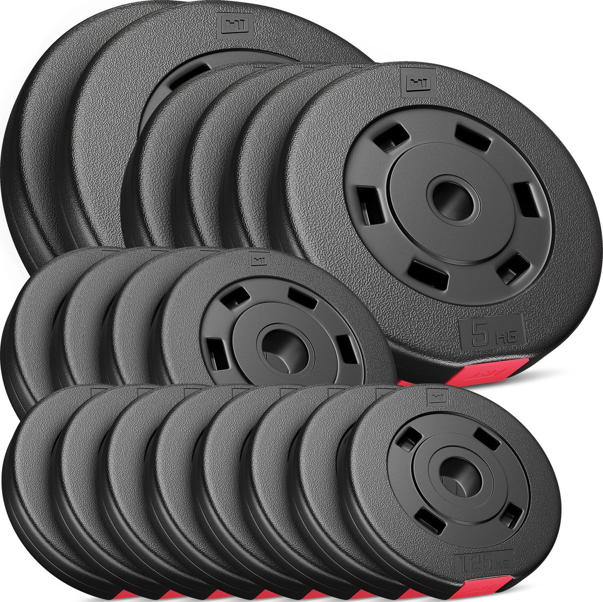 Hop-Sport Halterschijven Set 60 kg – Ø 30 mm – Kunststof – Set 2x10 kg 4x5 kg 4x2,5 kg 8x1,25 kg – Voor krachttraining