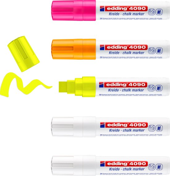 Vijf edding 4090 krijtstiften, roze, oranje, geel, wit, wit.
