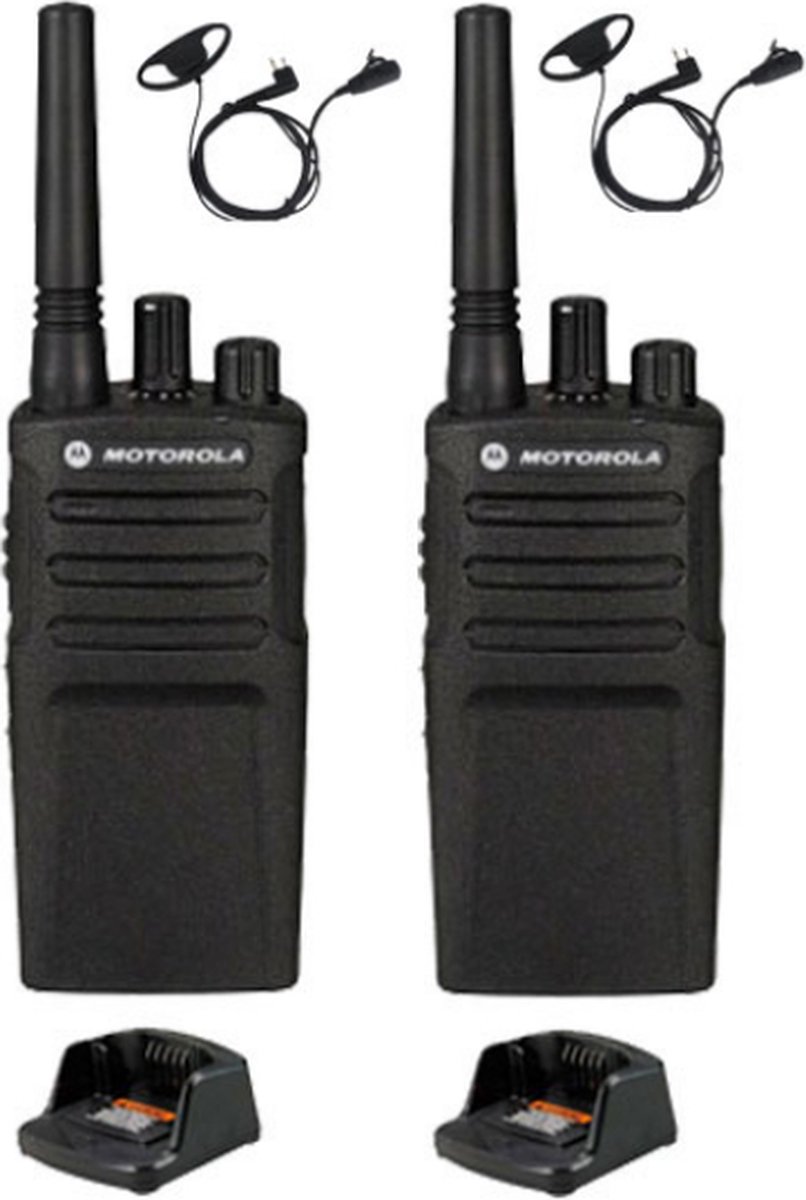 Set van 2 Motorola XT420 UHF IP55 PMR446 met laders en D-shape oortje M1 2-Pins