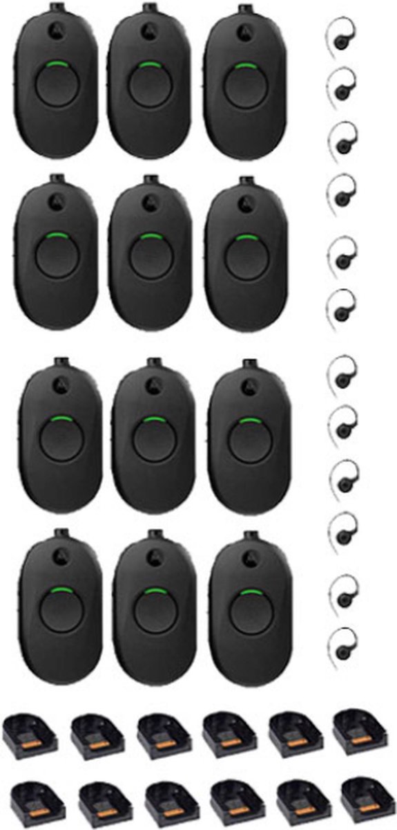 Set van 12 Motorola CLP446E Mini Portofoons met oortje en tafelladers