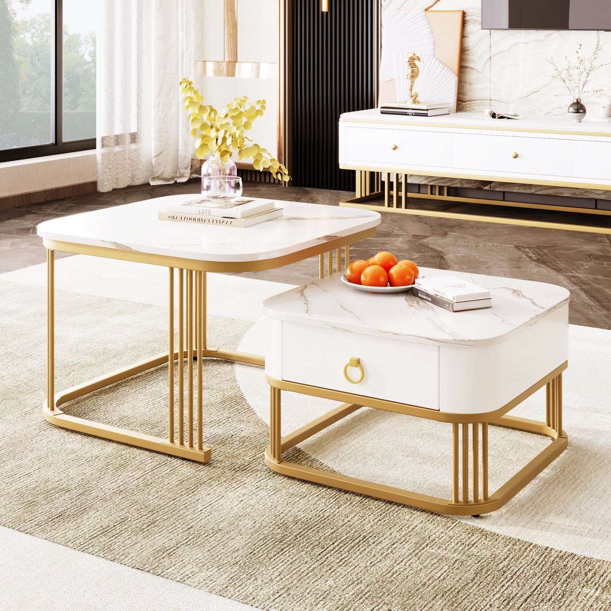 BHFFTHK Salontafel, set van 2, 2-in-1 woonkamertafel met opbergruimte, moderne salontafel, ronde en ovale in marmerlook, metalen frame, bijzettafelset voor de woonkamer, bijzetset